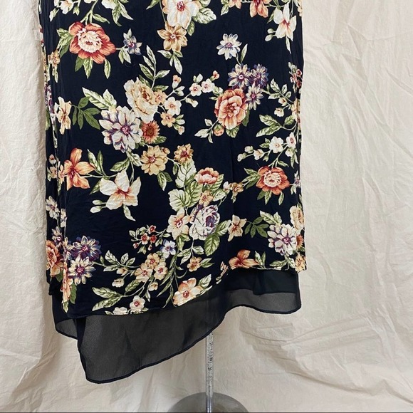 Vintage 90s Floral Romantic Flowers Silk High Rise Black Lined Midi Skirt - Picture 4 of 11